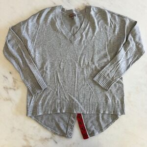 Lilla P V Neck Gray Ribbed Sweater Snap Button Back Womens Size S